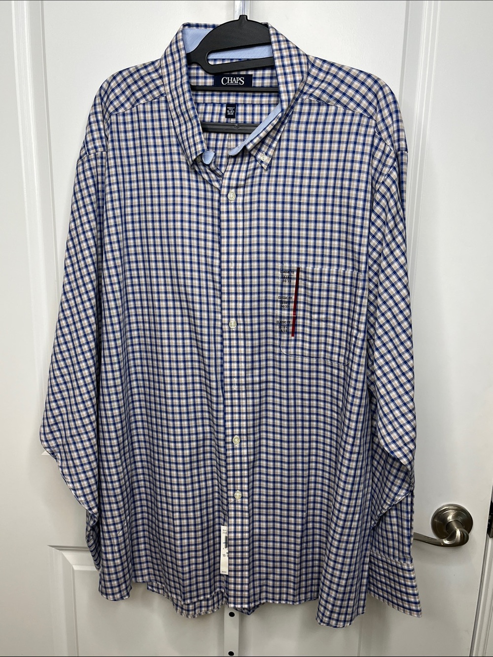 Chaps Blue and White Checked Long-Sleeve Button-Up Shirt 18-18.5 34/35 NWT